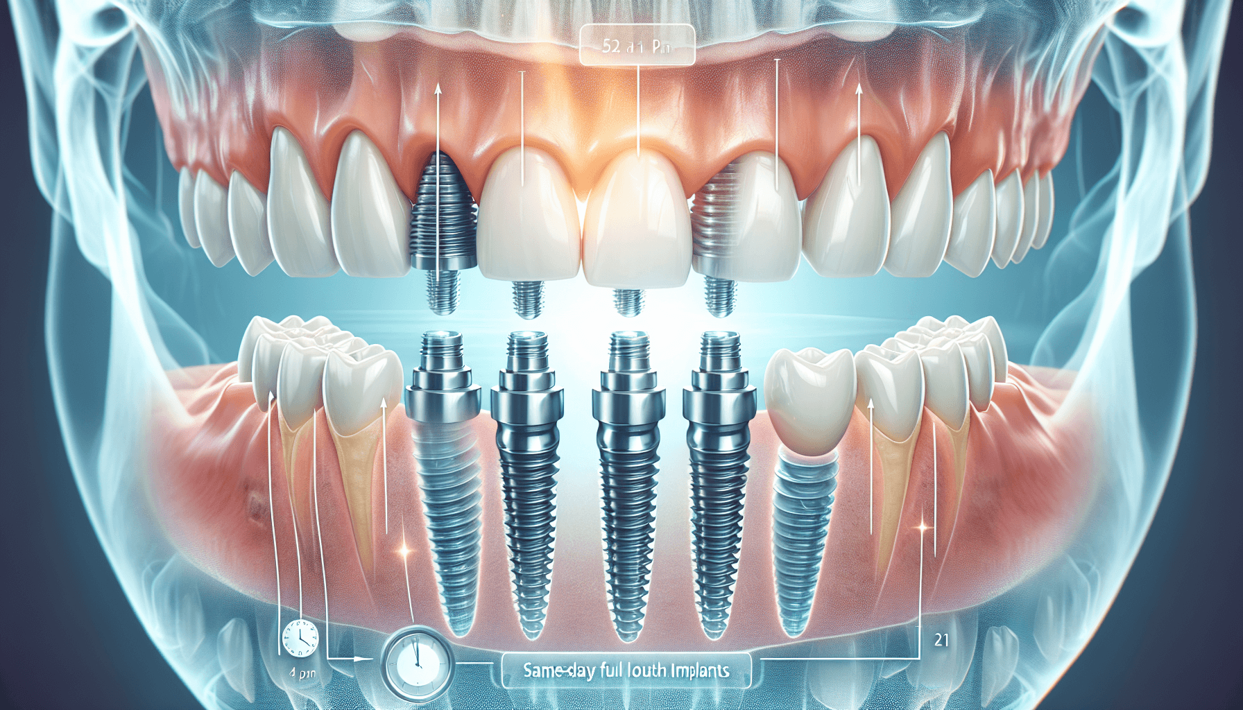Illustration of same day full mouth implants procedure