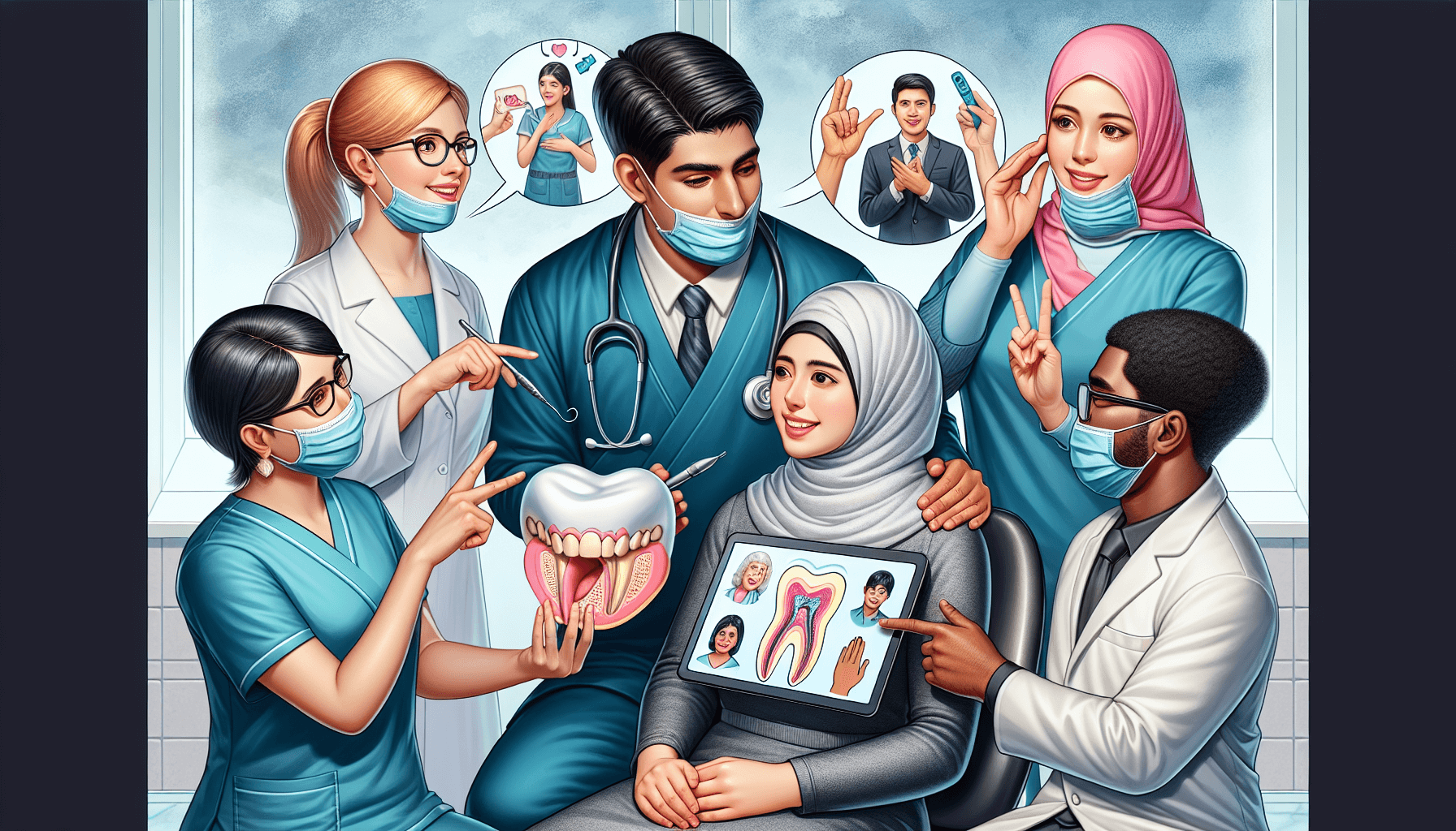 Illustration of dental professionals using visual aids to communicate with special needs patients