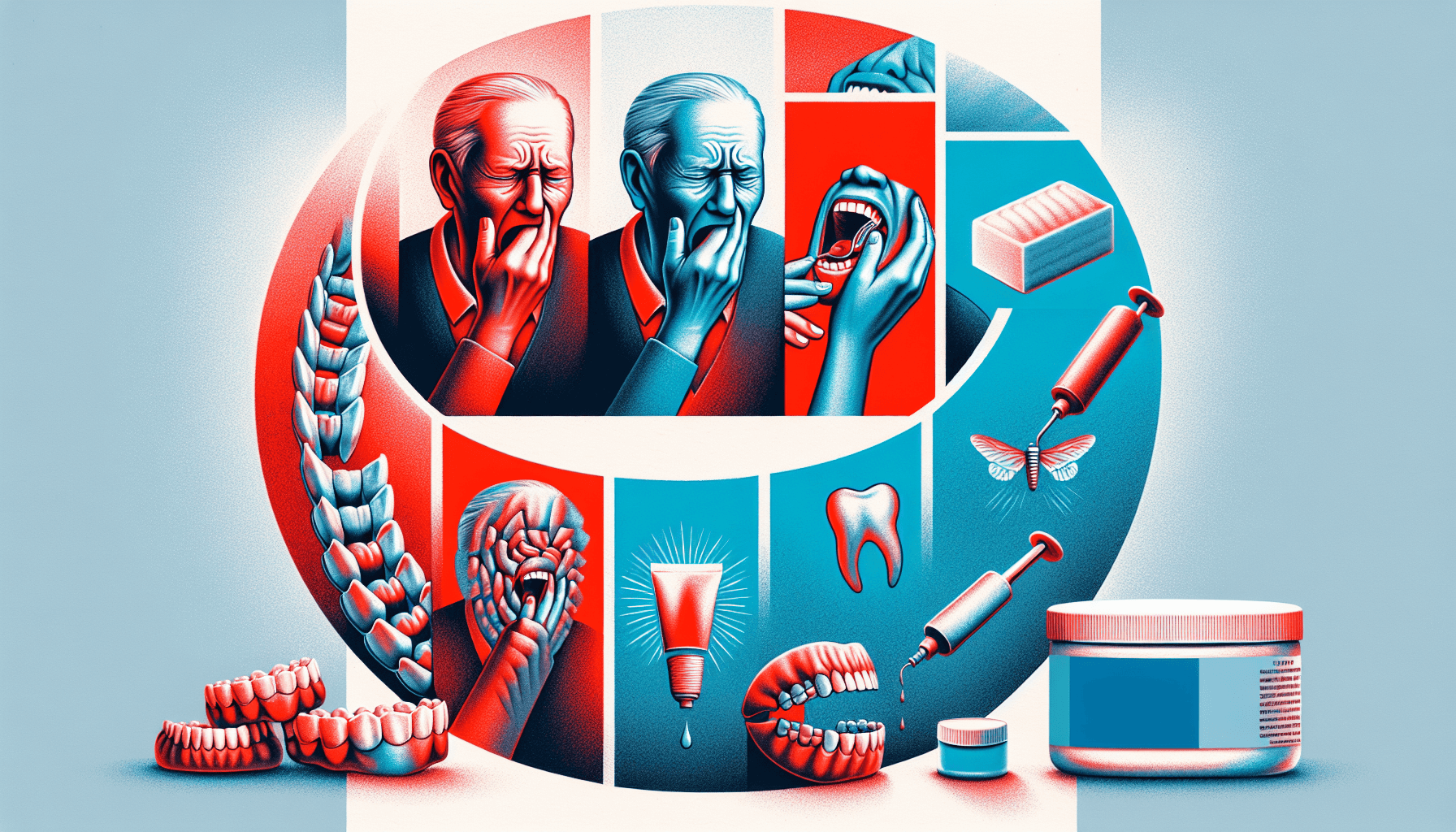 Artistic representation of common concerns and solutions for denture users