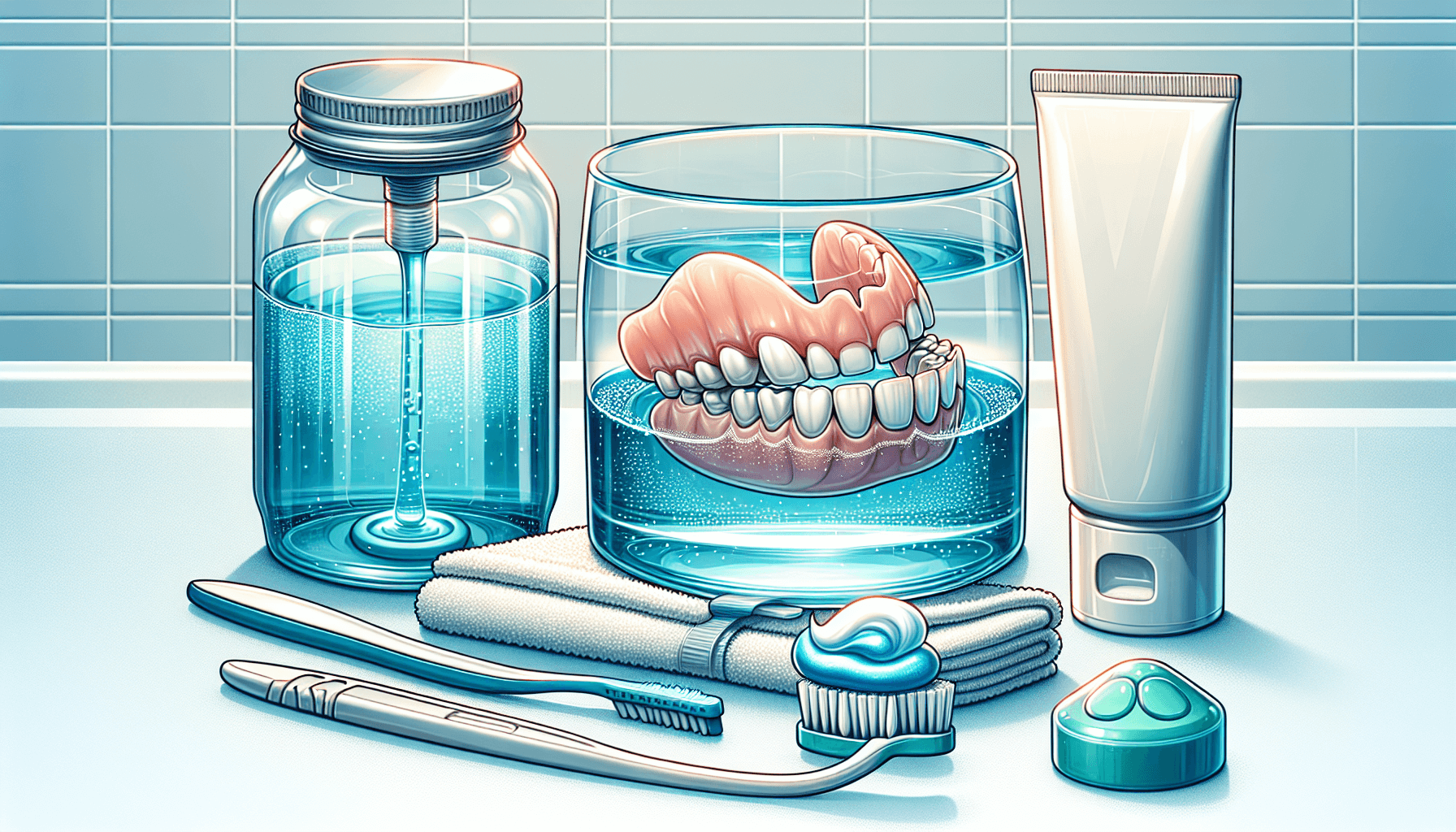 Illustration of denture cleaning and maintenance