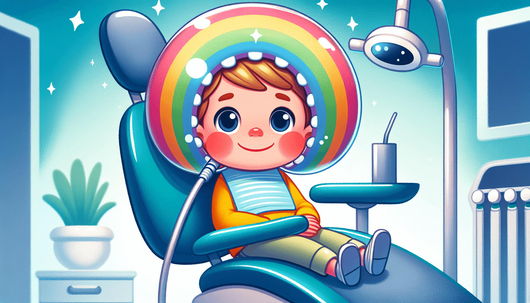 Illustration of a child smiling while receiving nitrous oxide sedation at the dentist