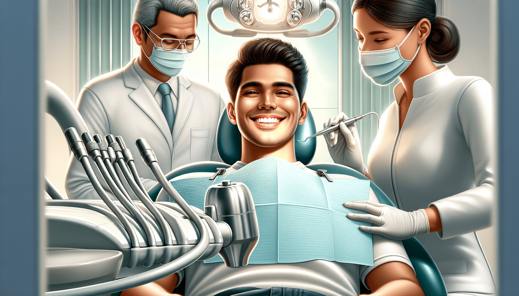 Illustration of a smiling patient receiving nitrous oxide during a dental procedure