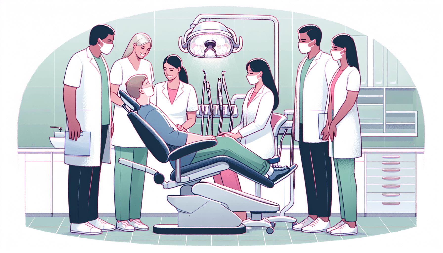 Illustration of a special needs dentist collaborating with caregivers and healthcare providers