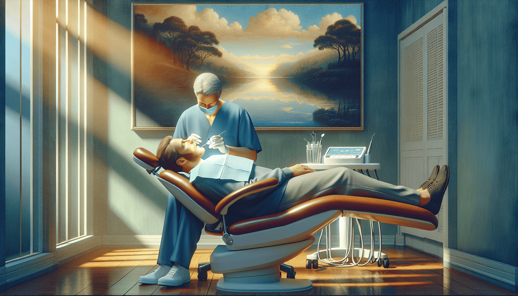 Illustration of a calm and relaxed patient undergoing oral sedation during a dental procedure