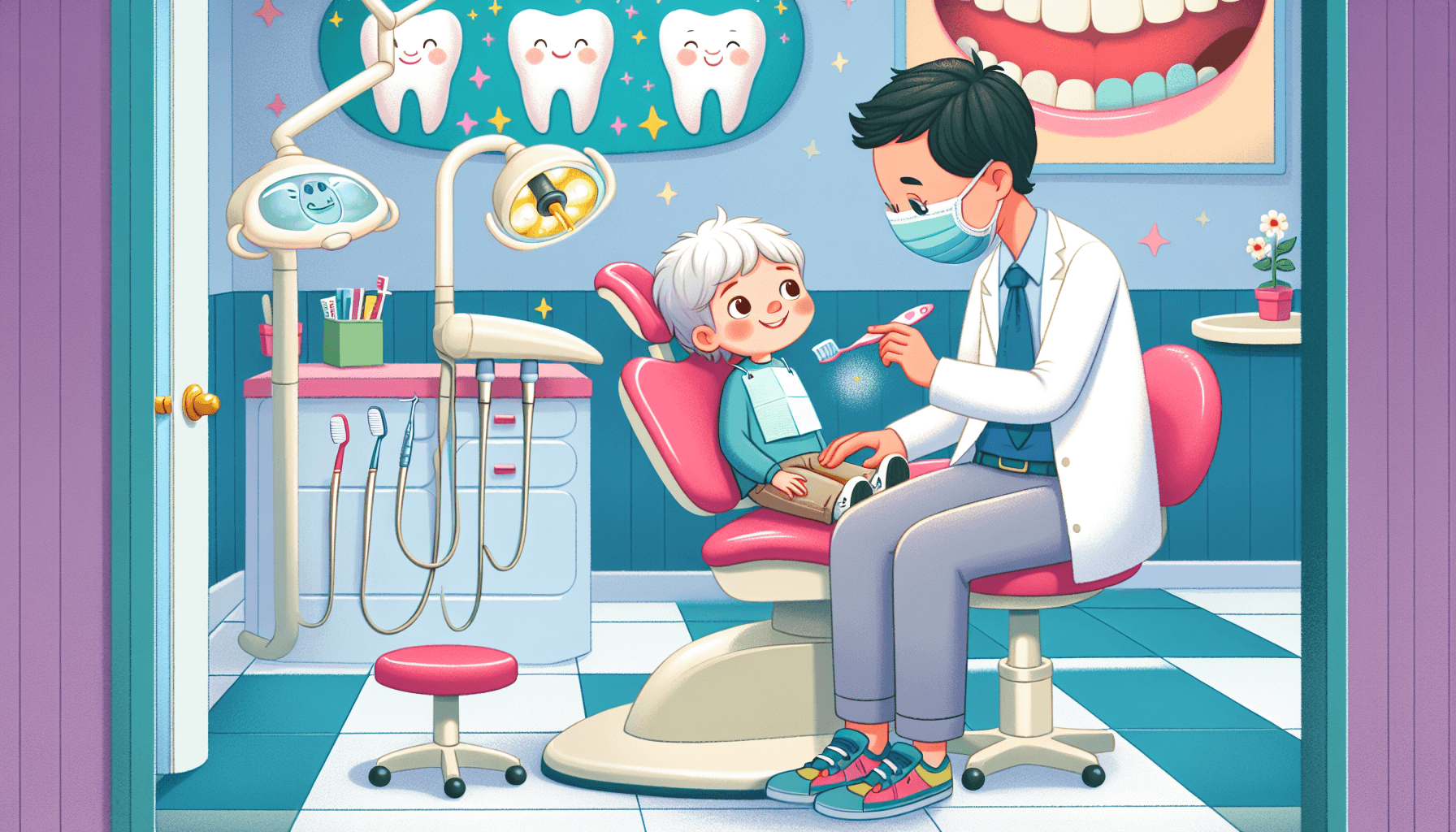 Illustration of a dentist interacting with a pediatric patient undergoing oral sedation
