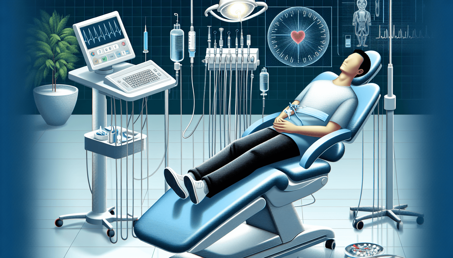 Illustration of a person receiving IV sedation with medical equipment in the background