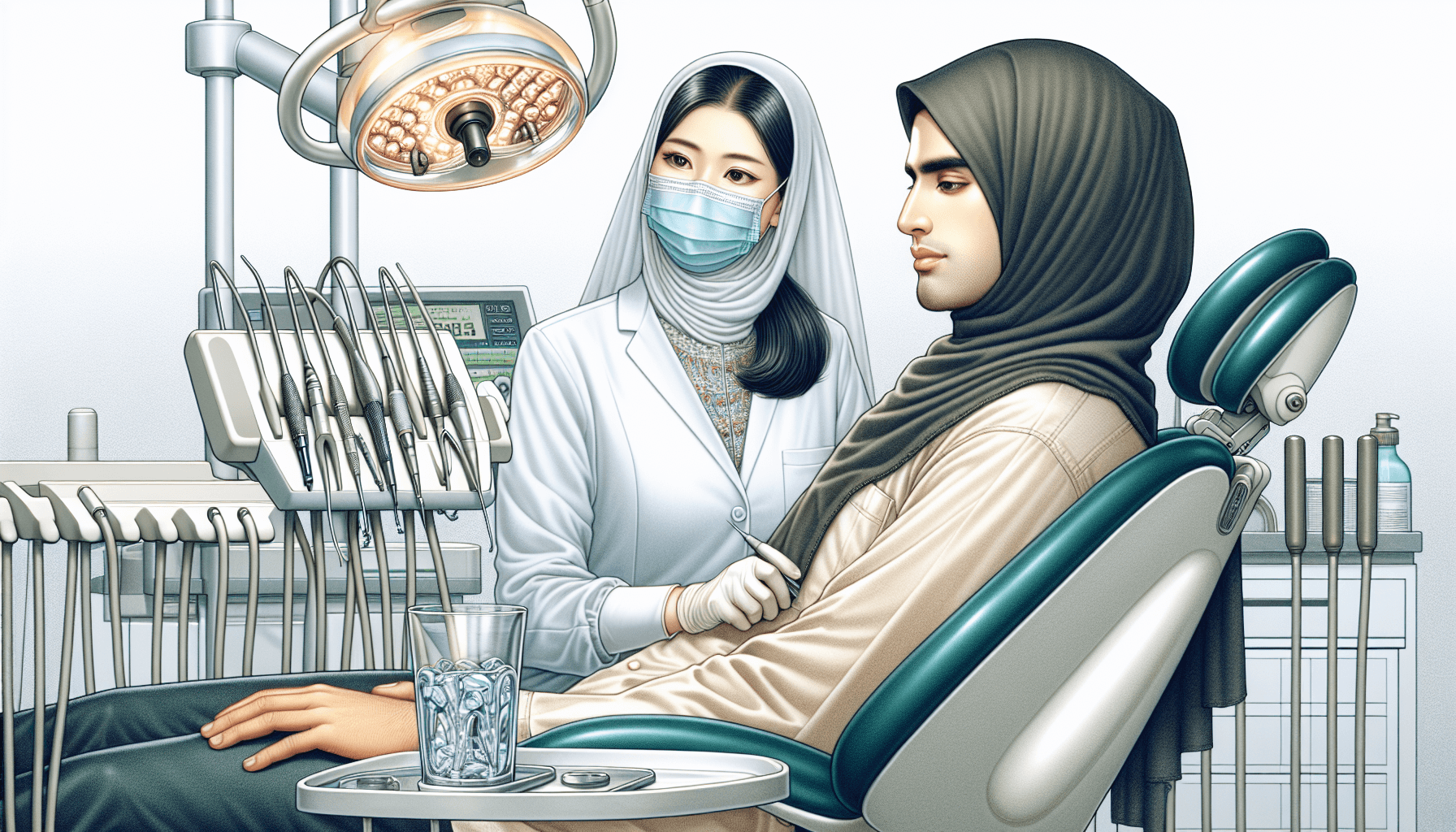 Illustration of a dentist monitoring a patient under oral sedation during a dental procedure