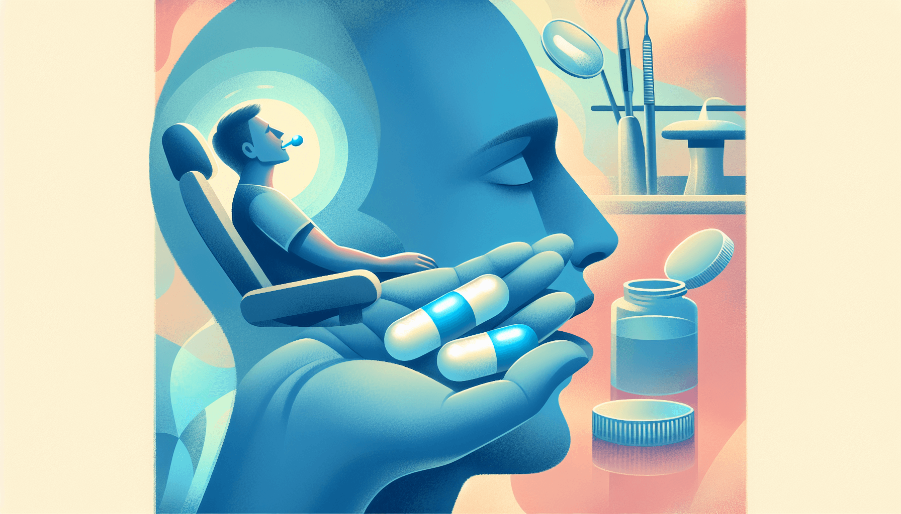Illustration of a person swallowing sedative pills for oral conscious sedation