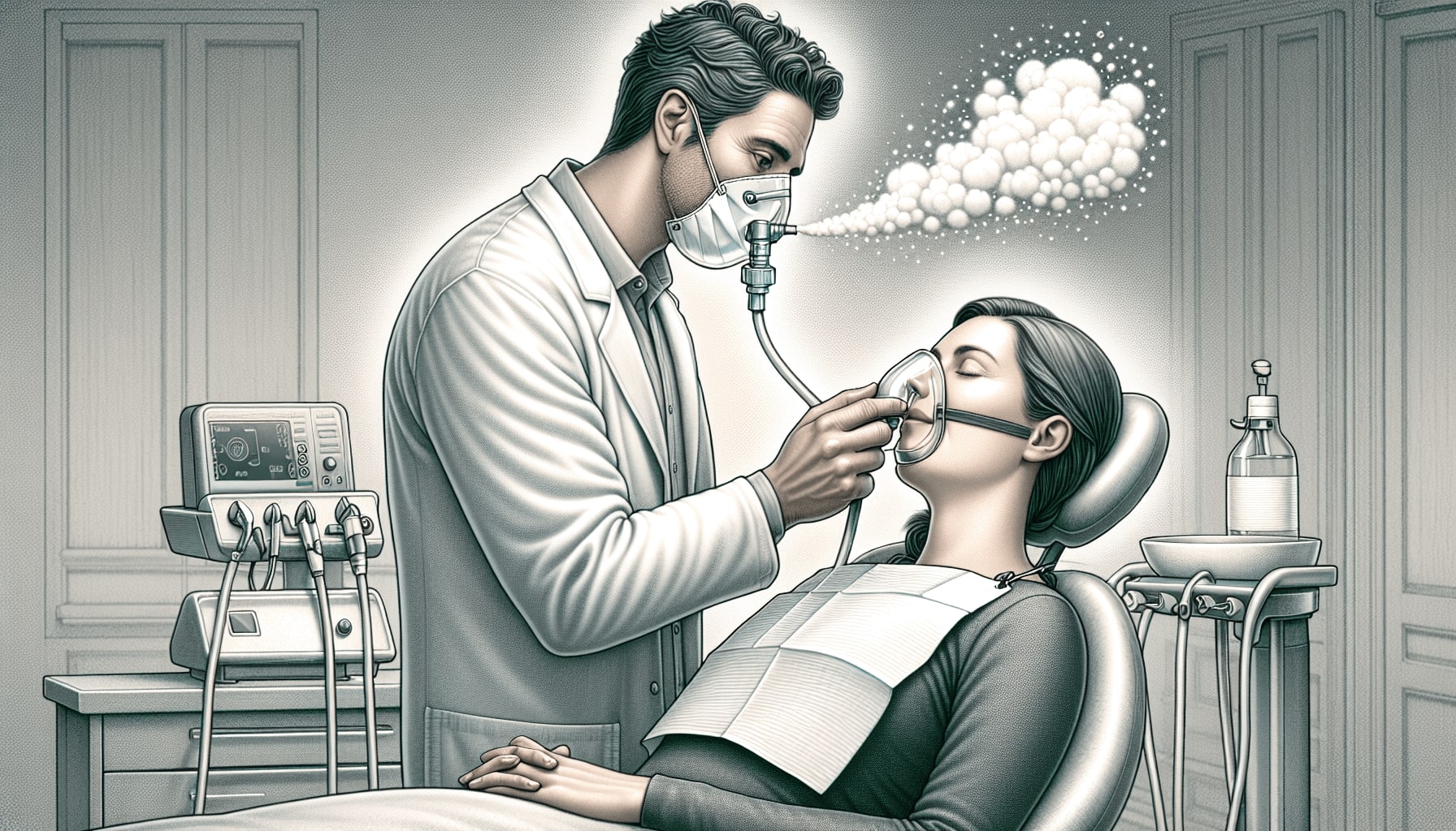 Illustration of a dentist administering nitrous oxide to a patient