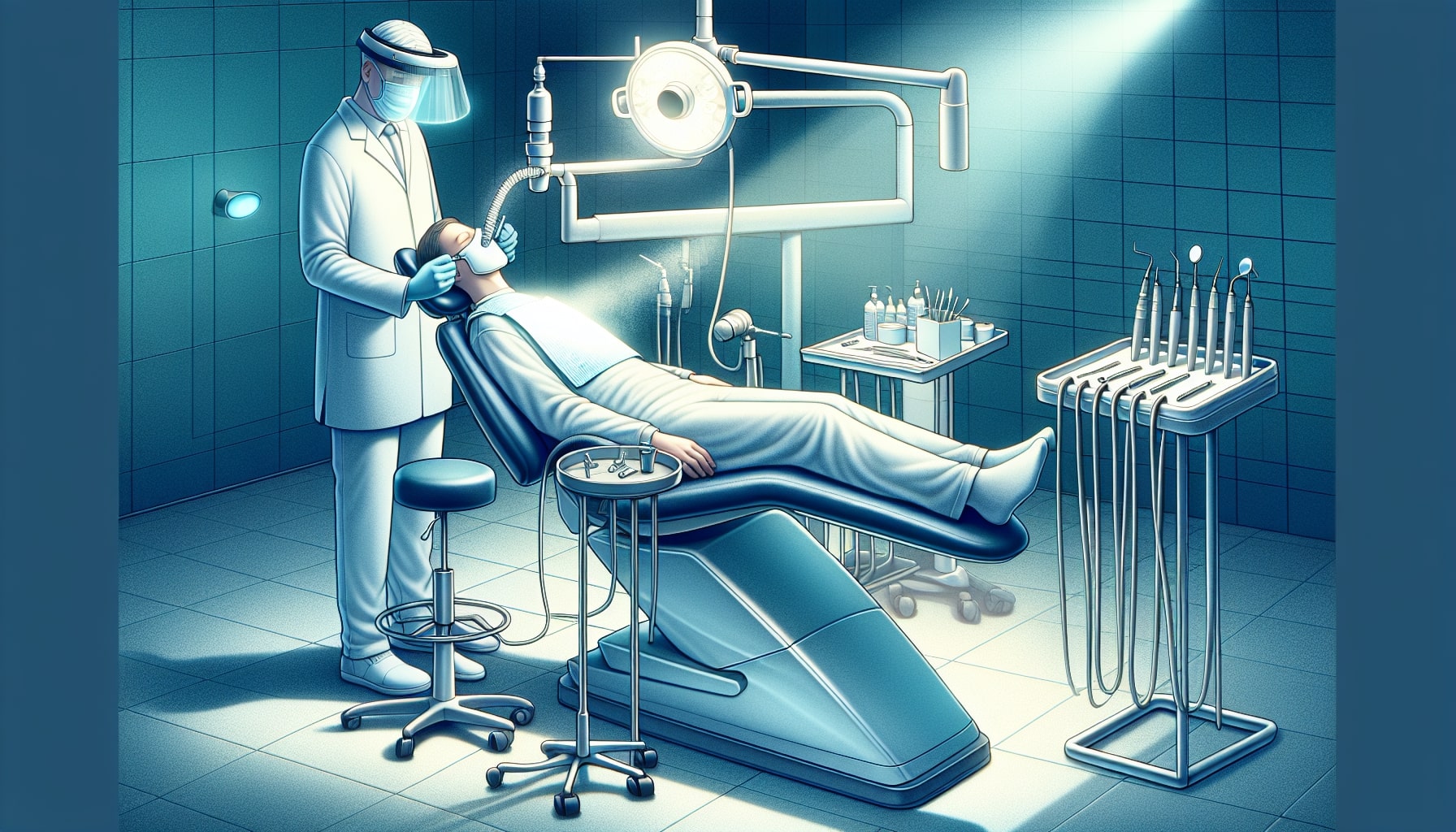 Illustration of a dental chair with a blurred figure receiving sedation