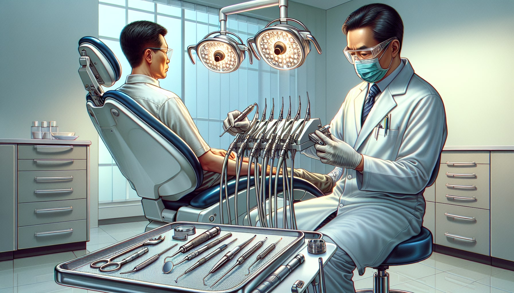 Illustration of a dental professional preparing a patient for nitrous oxide sedation